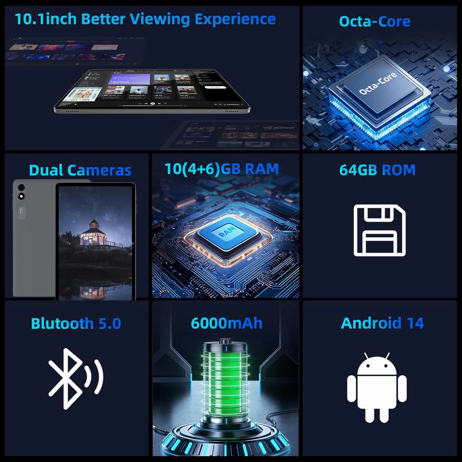 Android 14 Tablet,10 inch Tablets, Octa Core CPU, 10GB 64GB 512GB Expansion, 1280x800 HD IPS Touchcreen Display , Wi-Fi6, Dual Camera, 6000mAh Battery, Bluetooth5, 2 in 1 Tablet PC,Widevine L1