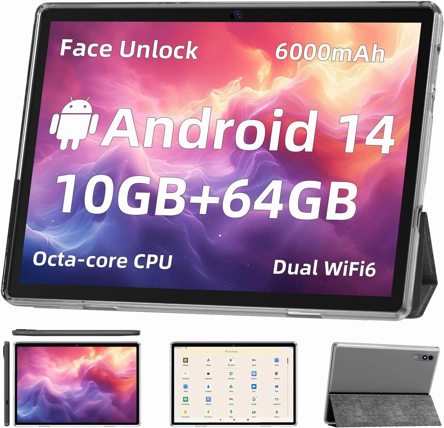 Android 14 Tablet,10 inch Tablets, Octa Core CPU, 10GB 64GB 512GB Expansion, 1280x800 HD IPS Touchcreen Display , Wi-Fi6, Dual Camera, 6000mAh Battery, Bluetooth5, 2 in 1 Tablet PC,Widevine L1