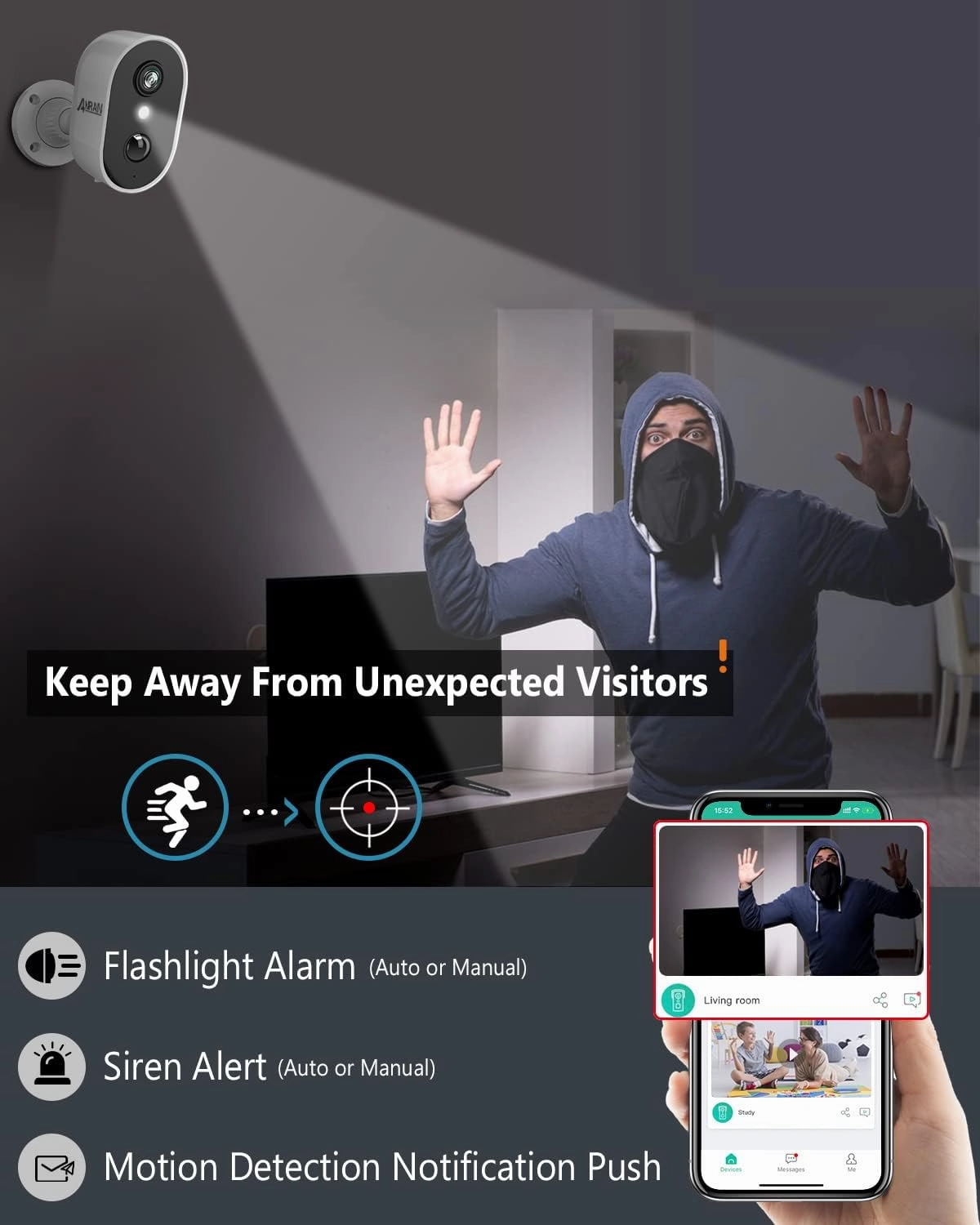 ANRAN Security Cameras Wireless Outdoor,2K 3MP Battery Powered Indoor Home Security Camera with AI Motion Detection & Color Night Vision,2-Way Talk Spotlight Siren Alarm, Work with Alexa,Waterproof