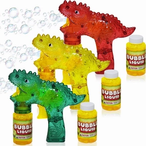 ArtCreativity Bubbland Dinosaur Friction Powered LED Bubble Blasters for Kids, 3 Light Up Bubble Guns and 6 Bottles of Bubble Fluid, Bubble Blowing Toys for Indoor & Outdoor Fun, No Batteries Needed