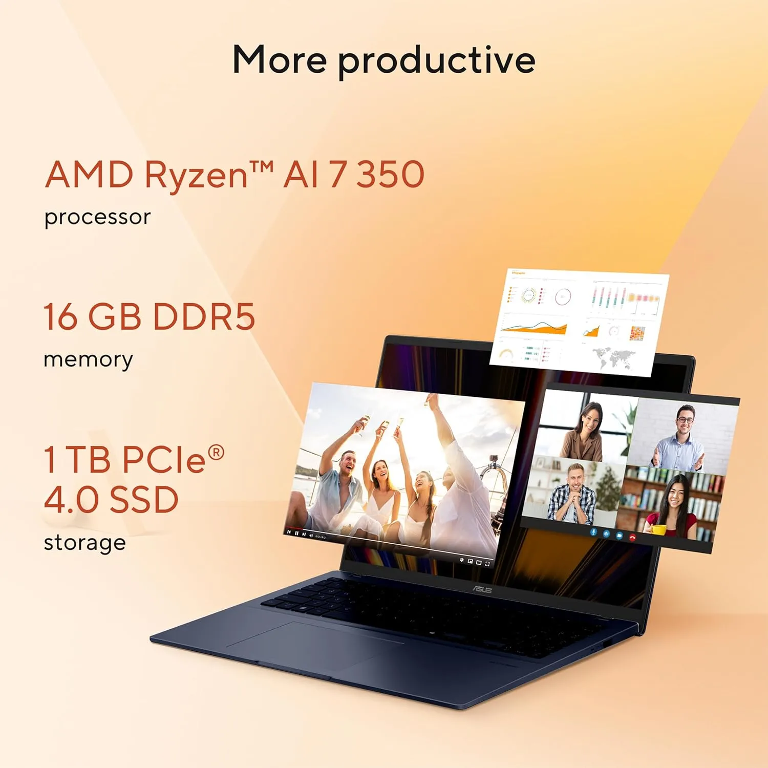 ASUS Vivobook 16 Laptop, Copilot  PC, 16” WUXGA 60Hz Display, AMD Ryzen AI 7 350 with XDNA NPU, AMD Radeon Graphics, 16GB RAM, 1TB SSD, Quiet Blue, M1607KA-DS76