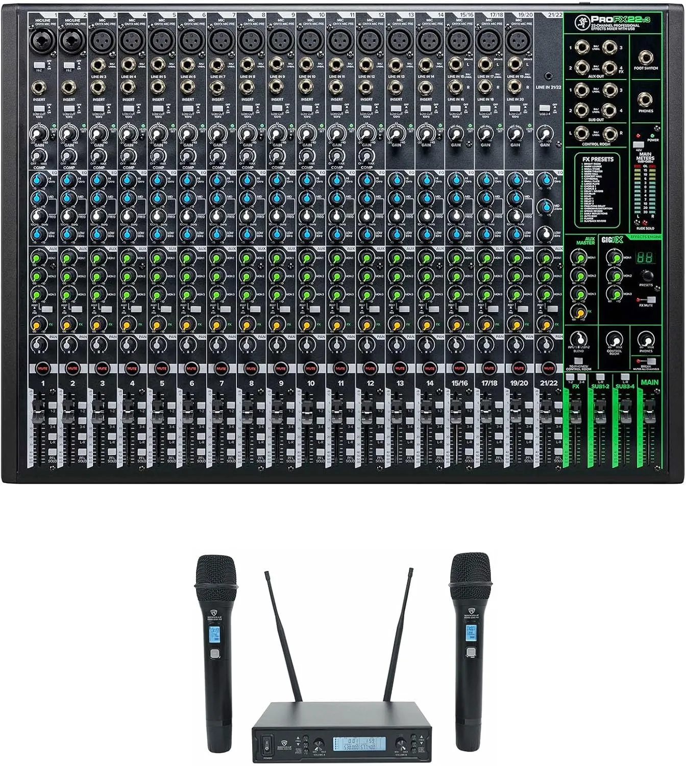 Audiosavings Bundle: (1) Mackie ProFX22v3 22-Ch 4-Bus Professional Effects Mixer w/USB ProFX22 v3 Bundle with (1) Rockville RWM65U Dual UHF 15 Ch Metal Handheld Wireless Microphone System (2 Item)