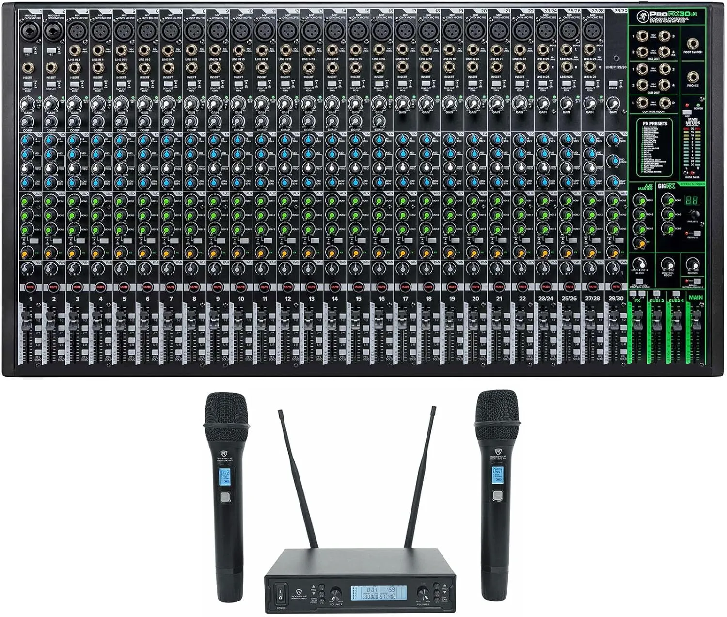 Audiosavings Bundle: (1) Mackie ProFX30v3 30 Channel 4-Bus Professional Effects Mixer with USB ProFX30 v3 Bundle with (1) Rockville RWM65U Dual UHF Metal Handheld Wireless Microphone System (2 Items)