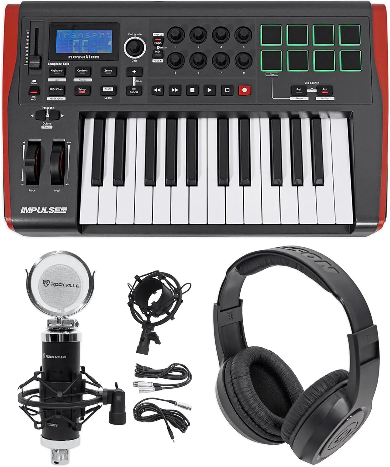 Audiosavings Bundle: IMPULSE 25 Ableton Live 25-Key MIDI USB Keyboard Controller Bundle with Rockville RCM03 Pro Studio Condenser Microphone   Shock Mount   Closed-Back Studio Headphones (3 Items)