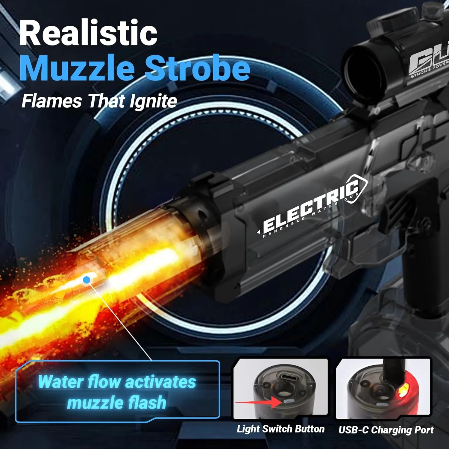 Automatic Electric Water Guns for Adults & Kids Ages 8-12，Powerful Water Blaster Squirt Gun with LED Flash 32ft Long Range 500mL Large Capacity, Outdoor Toys for Summer Pool Beach(Black)