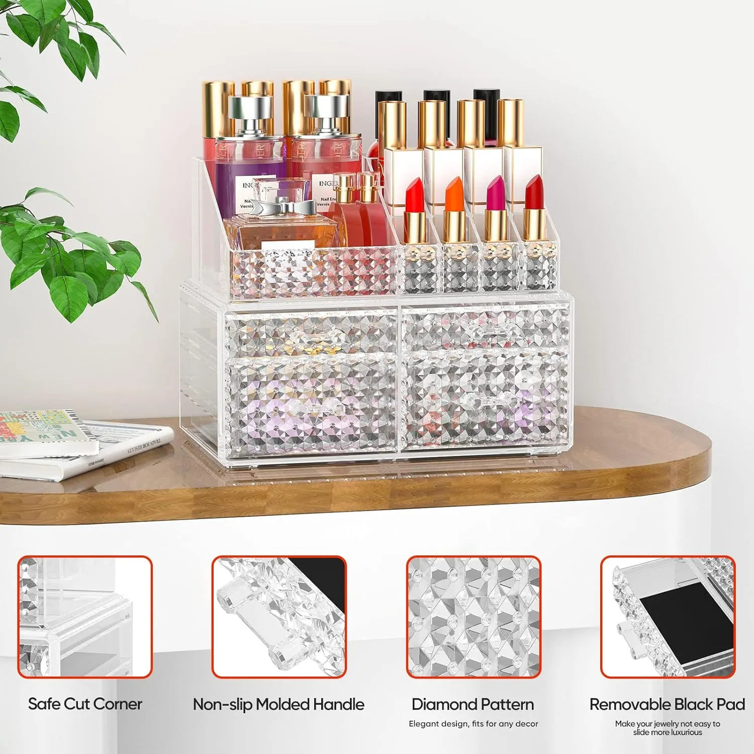 Awenia 2 Pack Makeup Organizer with Drawers[Upgraded]-Acrylic Make up Organizers and Storage Case for Cosmetics,Brush,Perfume,Jewelry Display, Vanity and Bathroom Accessories
