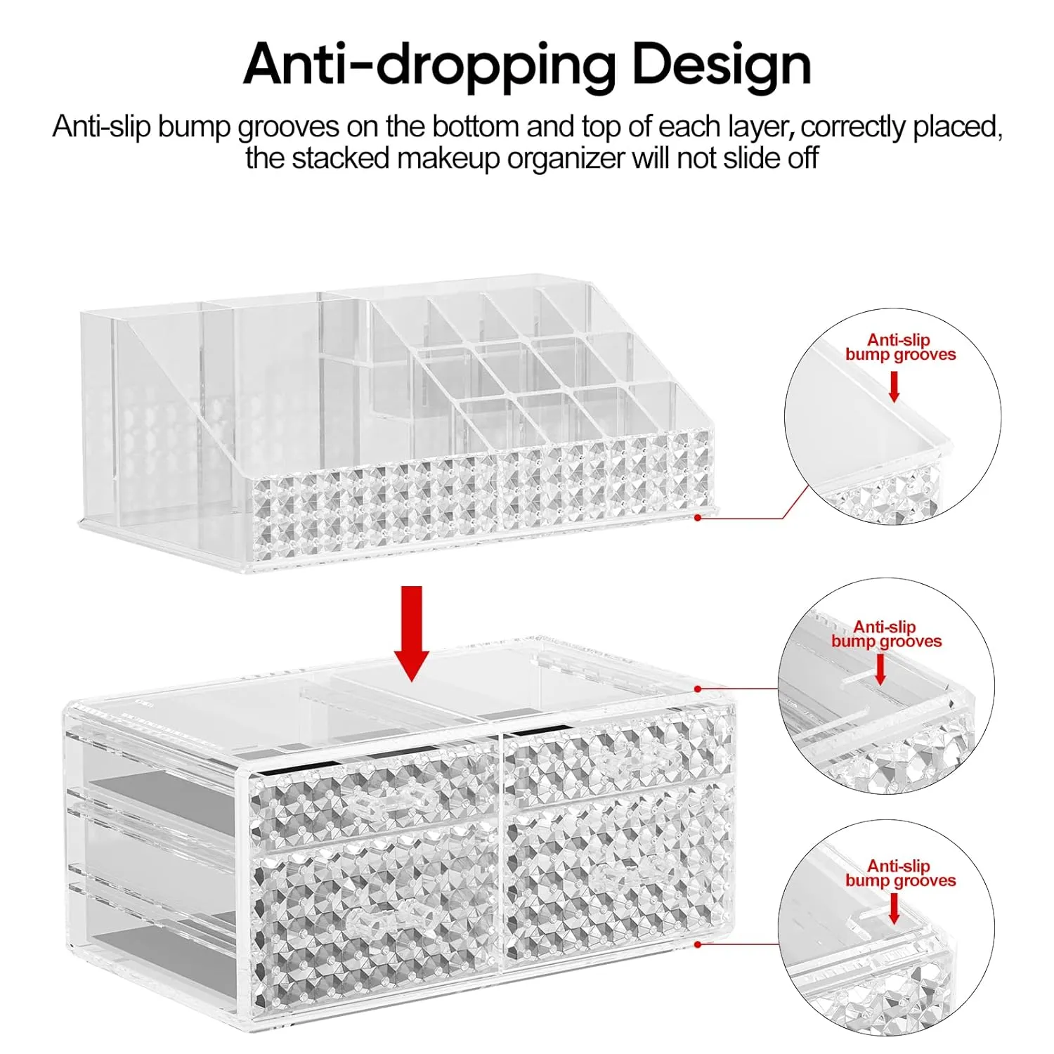 Awenia 2 Pack Makeup Organizer with Drawers[Upgraded]-Acrylic Make up Organizers and Storage Case for Cosmetics,Brush,Perfume,Jewelry Display, Vanity and Bathroom Accessories
