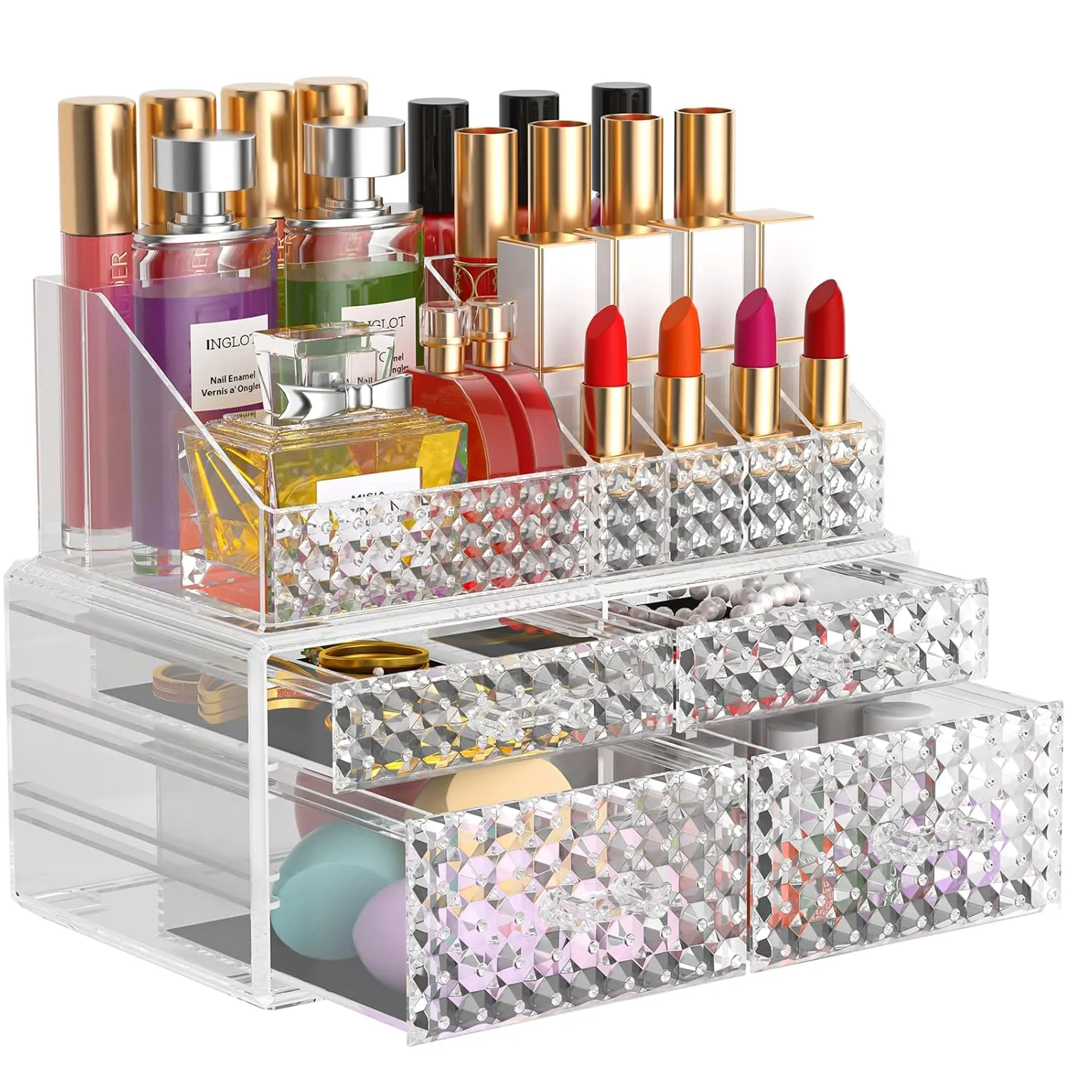 Awenia 2 Pack Makeup Organizer with Drawers[Upgraded]-Acrylic Make up Organizers and Storage Case for Cosmetics,Brush,Perfume,Jewelry Display, Vanity and Bathroom Accessories