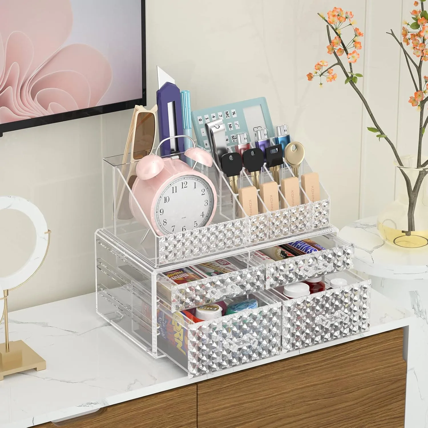 Awenia 2 Pack Makeup Organizer with Drawers[Upgraded]-Acrylic Make up Organizers and Storage Case for Cosmetics,Brush,Perfume,Jewelry Display, Vanity and Bathroom Accessories