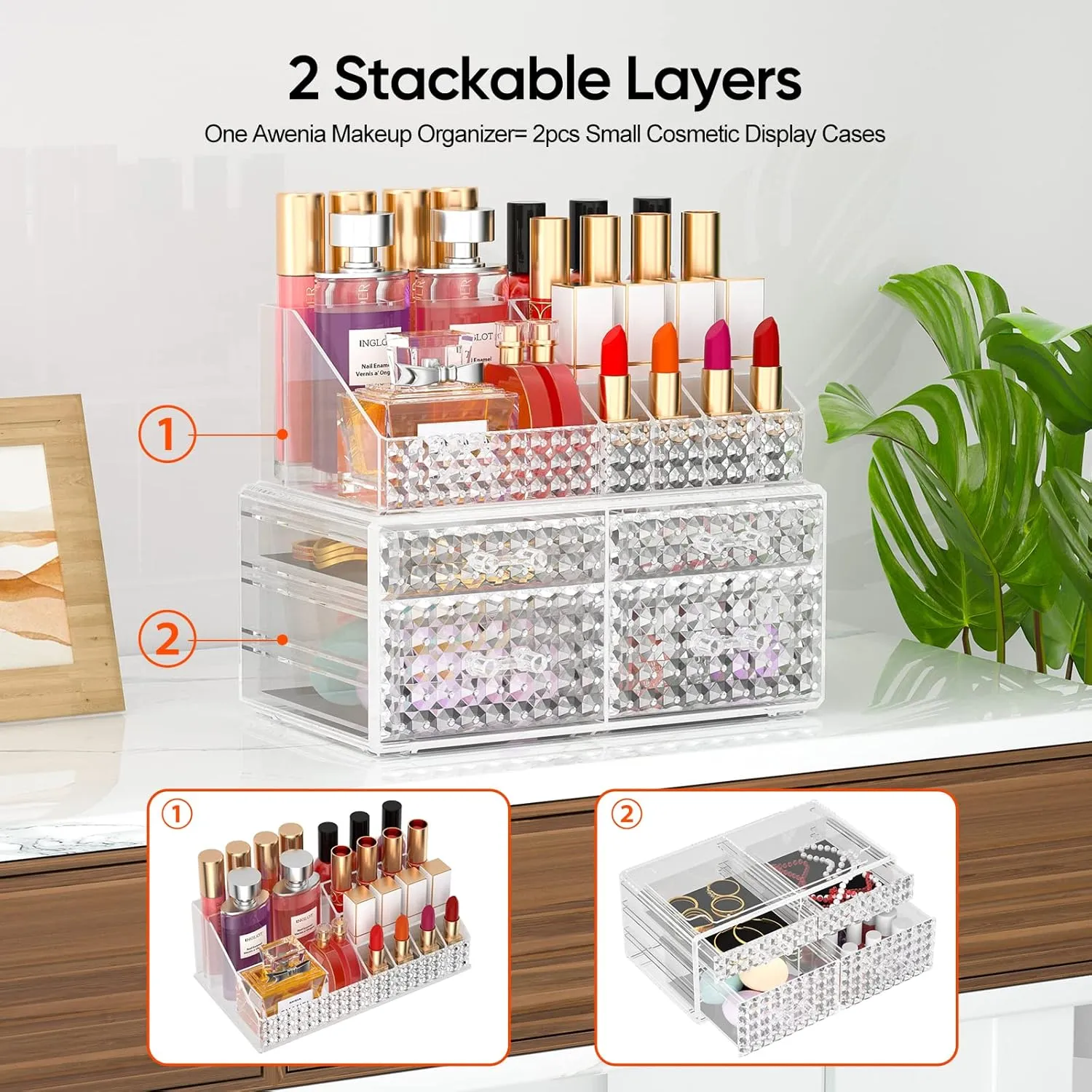 Awenia 2 Pack Makeup Organizer with Drawers[Upgraded]-Acrylic Make up Organizers and Storage Case for Cosmetics,Brush,Perfume,Jewelry Display, Vanity and Bathroom Accessories