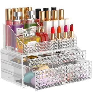 Awenia 2 Pack Makeup Organizer with Drawers[Upgraded]-Acrylic Make up Organizers and Storage Case for Cosmetics,Brush,Perfume,Jewelry Display, Vanity and Bathroom Accessories