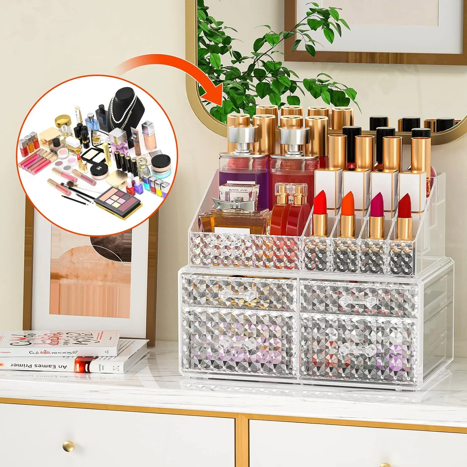 Awenia 2 Pack Makeup Organizer with Drawers[Upgraded]-Acrylic Make up Organizers and Storage Case for Cosmetics,Brush,Perfume,Jewelry Display, Vanity and Bathroom Accessories