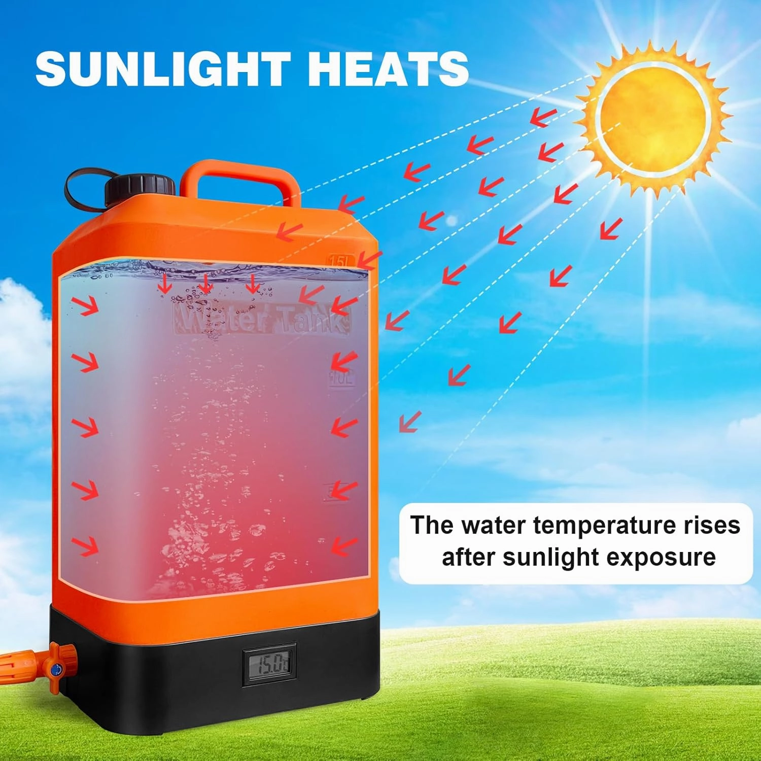 B. TAWD 4.5 Gallon Silicone Water Tank, Portable Camping Shower, USB Battery Charging, Solar Heating, with Shower Head, Electric Portable Outdoor Shower, Built-in Thermometer, Beach, Camping, Hiking
