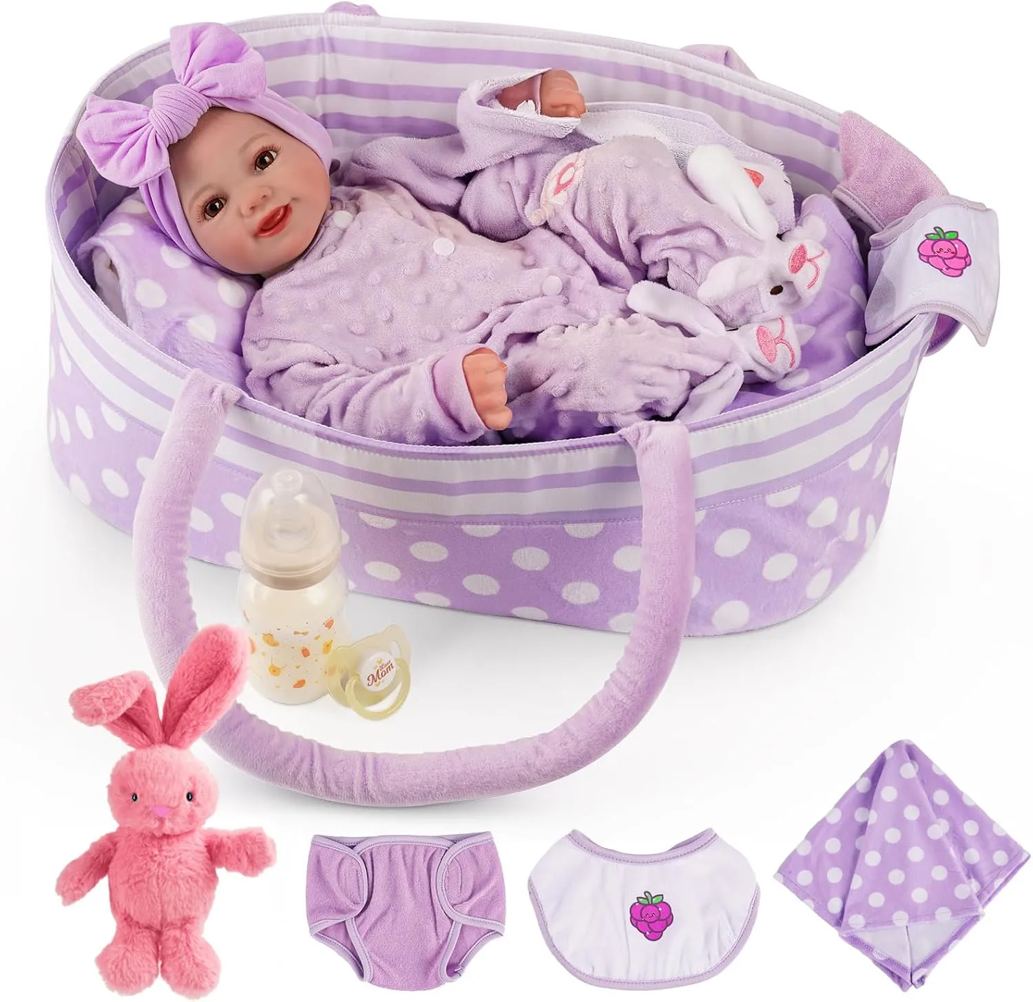 BABESIDE Lifelike Reborn Baby Dolls with Bassinet, 17 Inch Soft Body Realistic Newborn Real Life Girl Baby Dolls Soft Vinyl and Cloth Body with Basket & Feeding Kit Gift Box for Kids Age 3 
