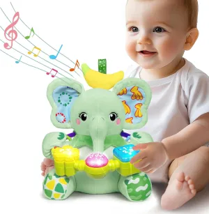 Baby Bilingual Musical Elephant Stuffed Animals Toys,Infant Early Learning Toy with Light-Up Music & Crinkle,Tummy Time Toys for 0 3 6 9 12  Months for Baby Boy Girl Gift,Green