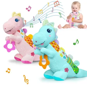 Baby Dino Musical Stuffed Animal Toys for 0-3-6-9-12 Months，Infant Dinosaur Tummy Time Toys with Crinkle Sound Paper,Teether，Textures & Rattles for Newborn Boys Girls Birthday Gifts