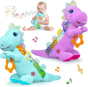 Baby Dino Musical Stuffed Animal Toys for 0-3-6-9-12 Months，Infant Dinosaur Tummy Time Toys with Crinkle Sound Paper,Teether，Textures & Rattles for Newborn Boys Girls Birthday Gifts