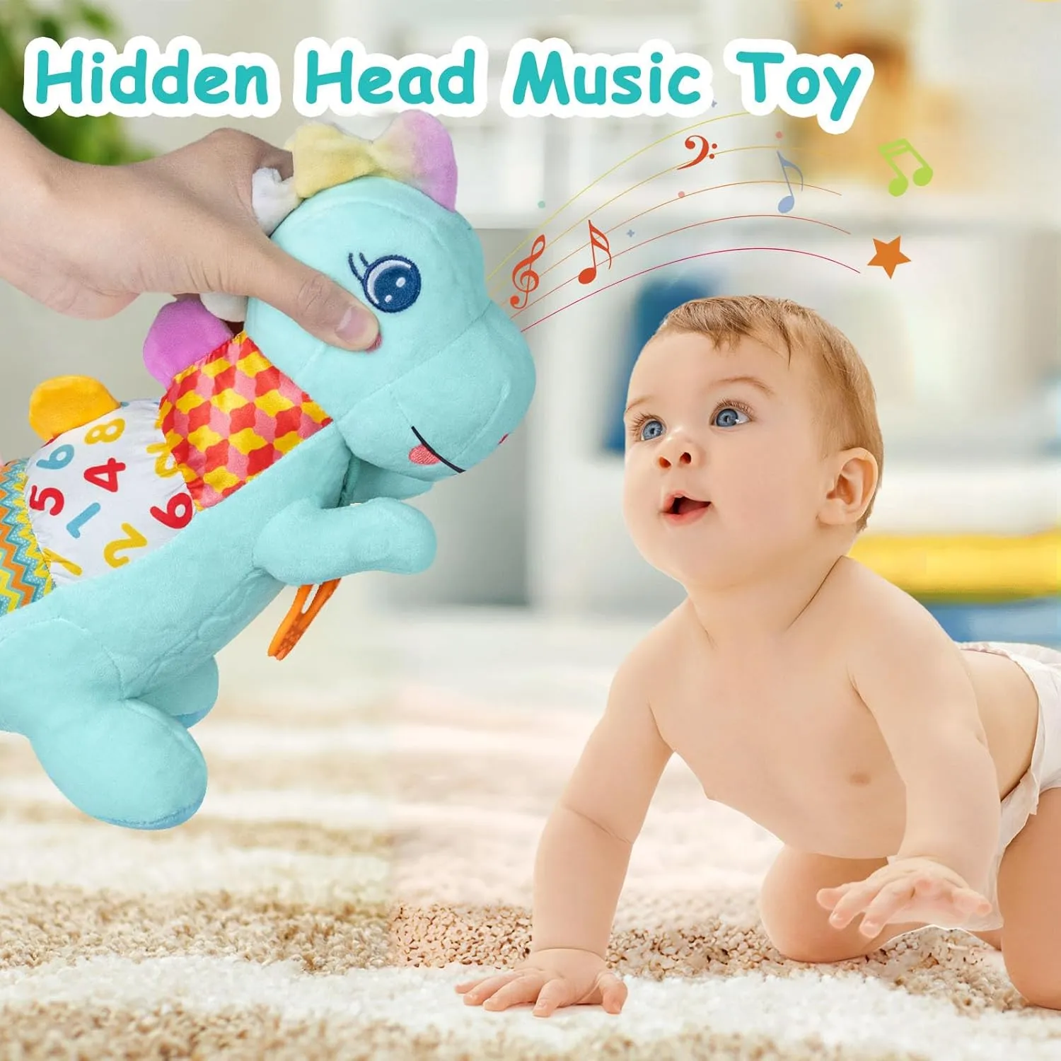 Baby Dino Plush Soft Stuffed Animal Toy for 0-3-6-12  Months,Infant Musical Toy with Rattle,Squeaker,Sensory Crinkle,Teether & Textures,Tummy Time Toys Christmas Baby Gift for Newborn Girl Boy (Blue)