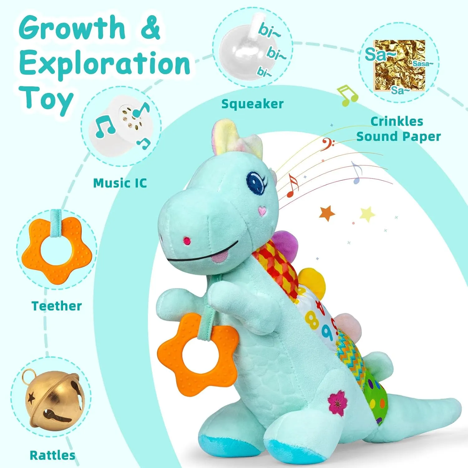 Baby Dino Plush Soft Stuffed Animal Toy for 0-3-6-12  Months,Infant Musical Toy with Rattle,Squeaker,Sensory Crinkle,Teether & Textures,Tummy Time Toys Christmas Baby Gift for Newborn Girl Boy (Blue)