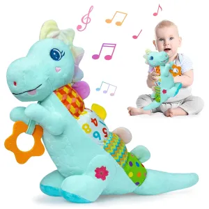 Baby Dino Plush Soft Stuffed Animal Toy for 0-3-6-12  Months,Infant Musical Toy with Rattle,Squeaker,Sensory Crinkle,Teether & Textures,Tummy Time Toys Christmas Baby Gift for Newborn Girl Boy (Blue)