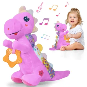 Baby Dino Plush Soft Stuffed Animal Toy for 0-3-6-12  Months,Infant Musical Toy with Rattle,Squeaker,Sensory Crinkle,Teether & Textures,Tummy Time Toys Christmas Baby Gift for Newborn Girl(Purple)