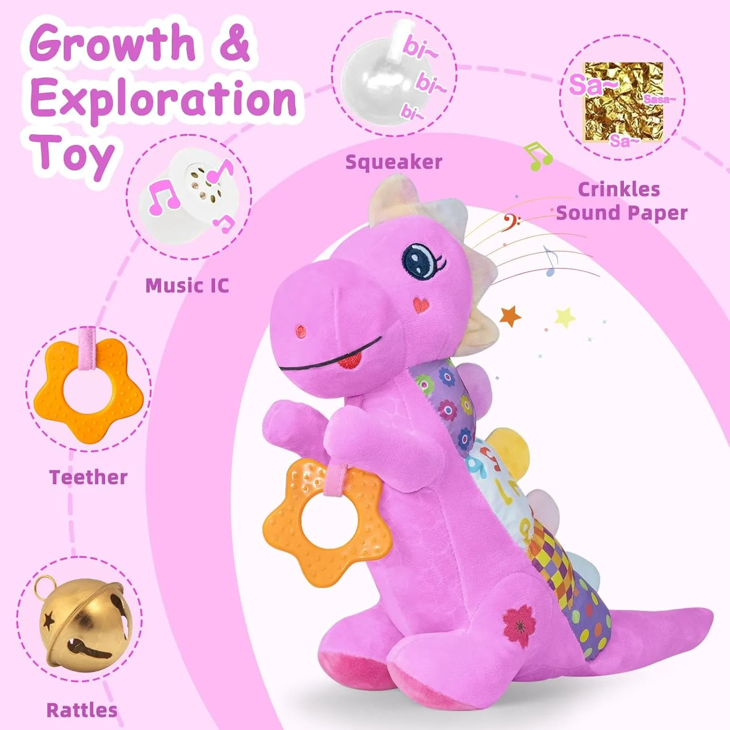 Baby Dino Plush Soft Stuffed Animal Toy for 0-3-6-12  Months,Infant Musical Toy with Rattle,Squeaker,Sensory Crinkle,Teether & Textures,Tummy Time Toys Christmas Baby Gift for Newborn Girl(Purple)