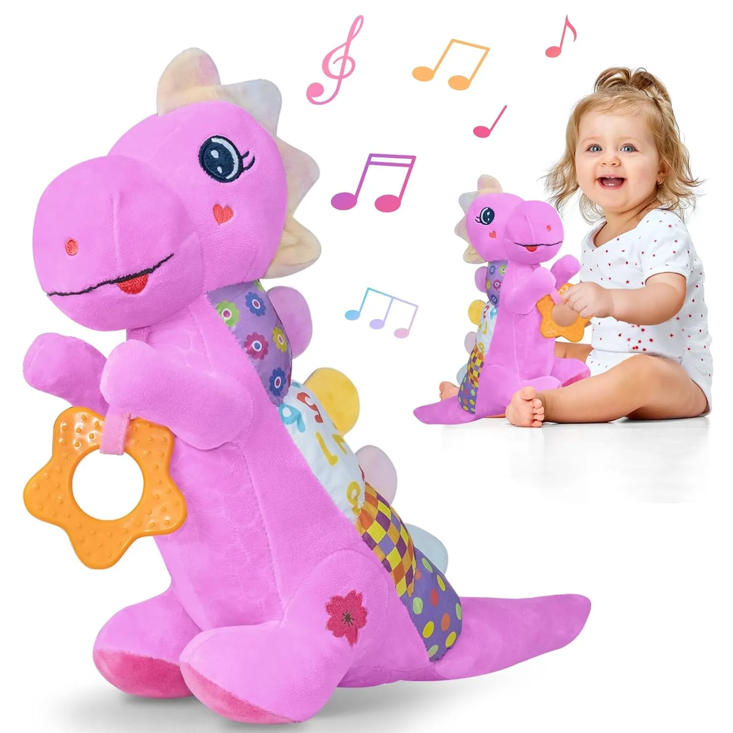 Baby Dino Plush Soft Stuffed Animal Toy for 0-3-6-12  Months,Infant Musical Toy with Rattle,Squeaker,Sensory Crinkle,Teether & Textures,Tummy Time Toys Christmas Baby Gift for Newborn Girl(Purple)