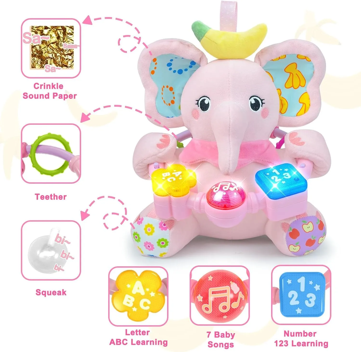 Baby Elephant Musical Stuffed Animals Toy with Light-Up Music & Crinkle Sound Paper,Infant Bilingual Early Learning Education Toys,Tummy Time Toys for 0-3-6-12  Months Boy Girl, Pink
