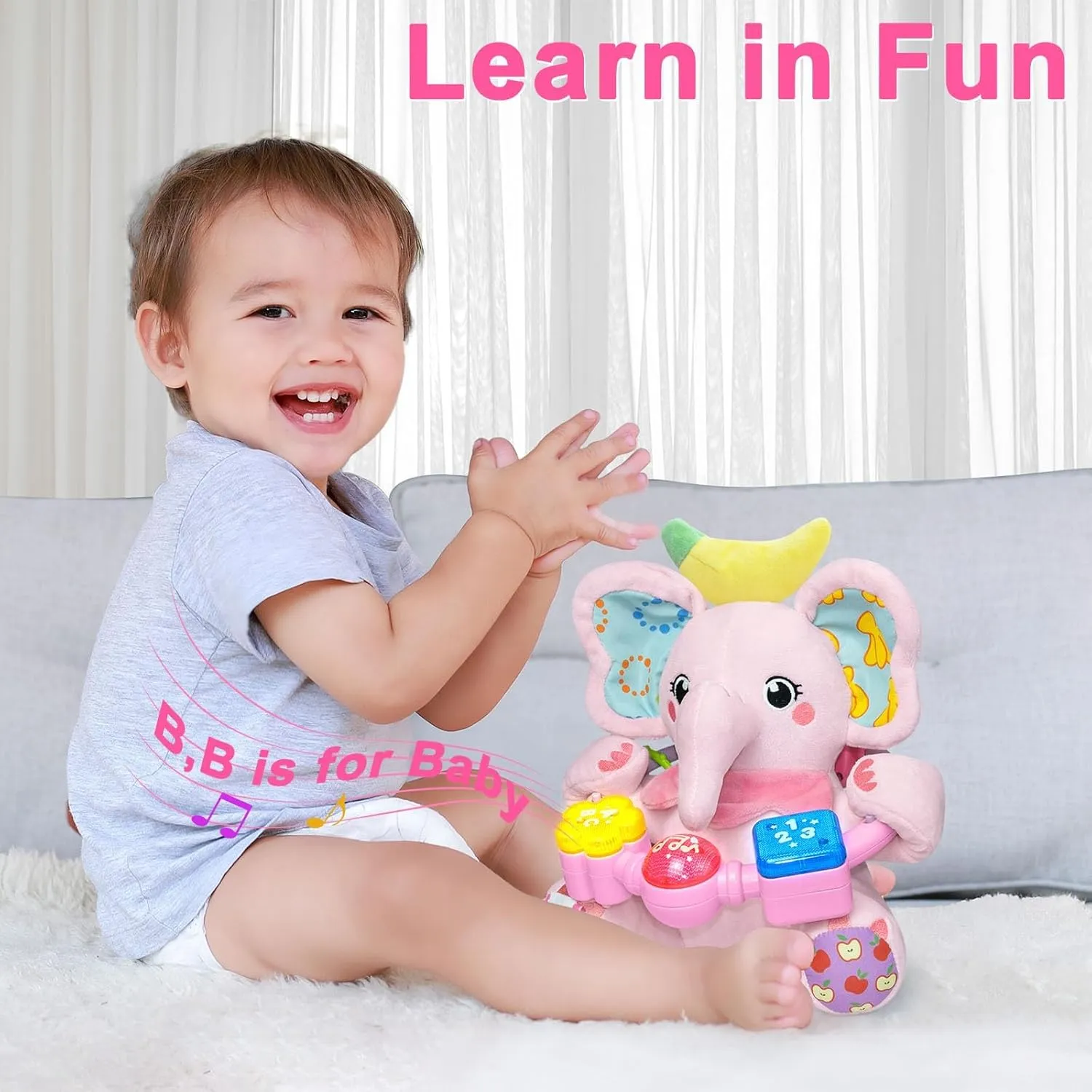 Baby Elephant Musical Stuffed Animals Toy with Light-Up Music & Crinkle Sound Paper,Infant Bilingual Early Learning Education Toys,Tummy Time Toys for 0-3-6-12  Months Boy Girl, Pink