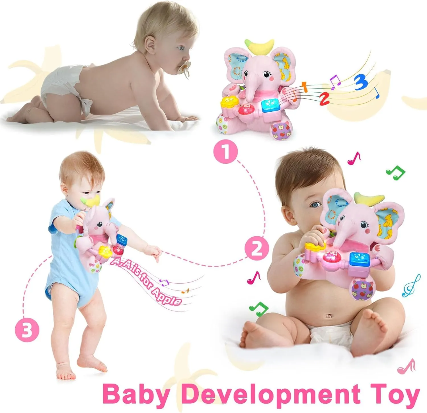 Baby Elephant Musical Stuffed Animals Toy with Light-Up Music & Crinkle Sound Paper,Infant Bilingual Early Learning Education Toys,Tummy Time Toys for 0-3-6-12  Months Boy Girl, Pink