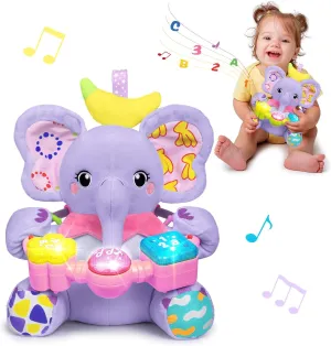 Baby Elephant Musical Stuffed Animals Toy with Light-Up Music & Crinkle Sound Paper,Infant Bilingual Early Learning Education Toys,Tummy Time Toys for 0-3-6-12  Months Boy Girl, Purple
