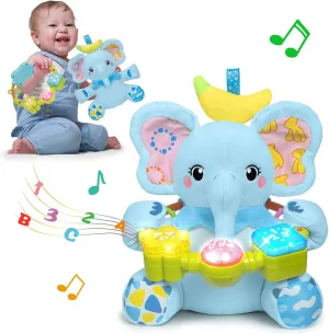 Baby Elephant Musical Stuffed Animals Toy with Light-Up Music & Crinkle,Infant Bilingual Early Learning Education Toys,1st Easter Basket Shower Stuffers for 0-3-6-12  Months Boy Girl Gifts,Blue