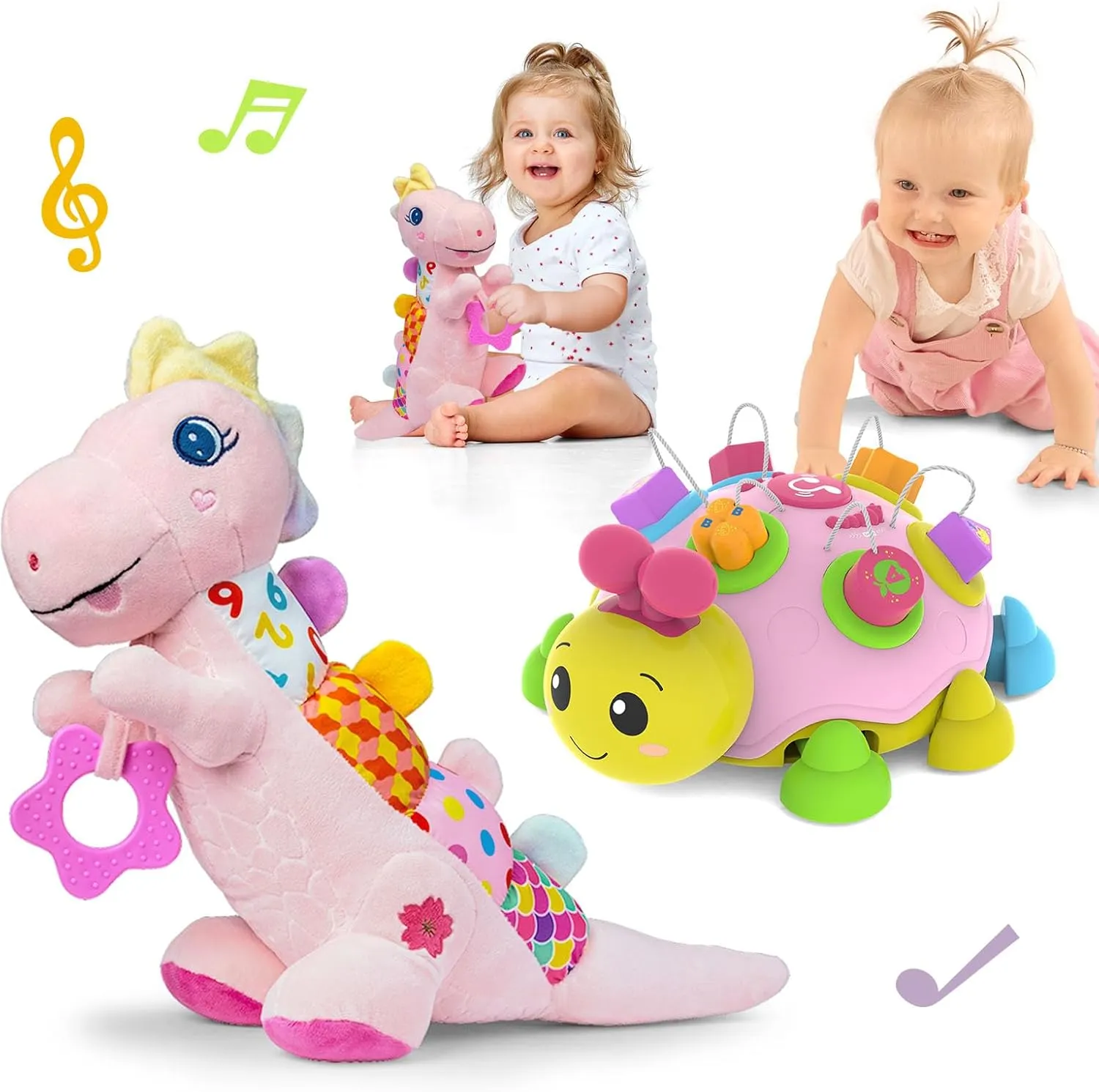 Baby Gift Set for0-6-12-12  Months (1 * Baby Musical Ladybug Toys & 1 * Musical Plush Dinosaur Toy)
