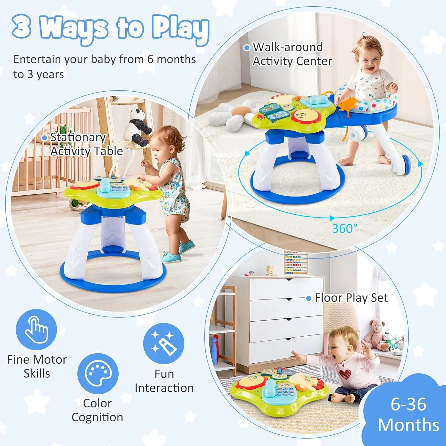 BABY JOY 3 in 1 Walk Around Baby Activity Center, Discovery Play Center with Interactive Toys & Music, Wheels, 3 Adjustable Seat Heights, Toddler Activity Table for Boys Girls 6-36 Months (Blue)