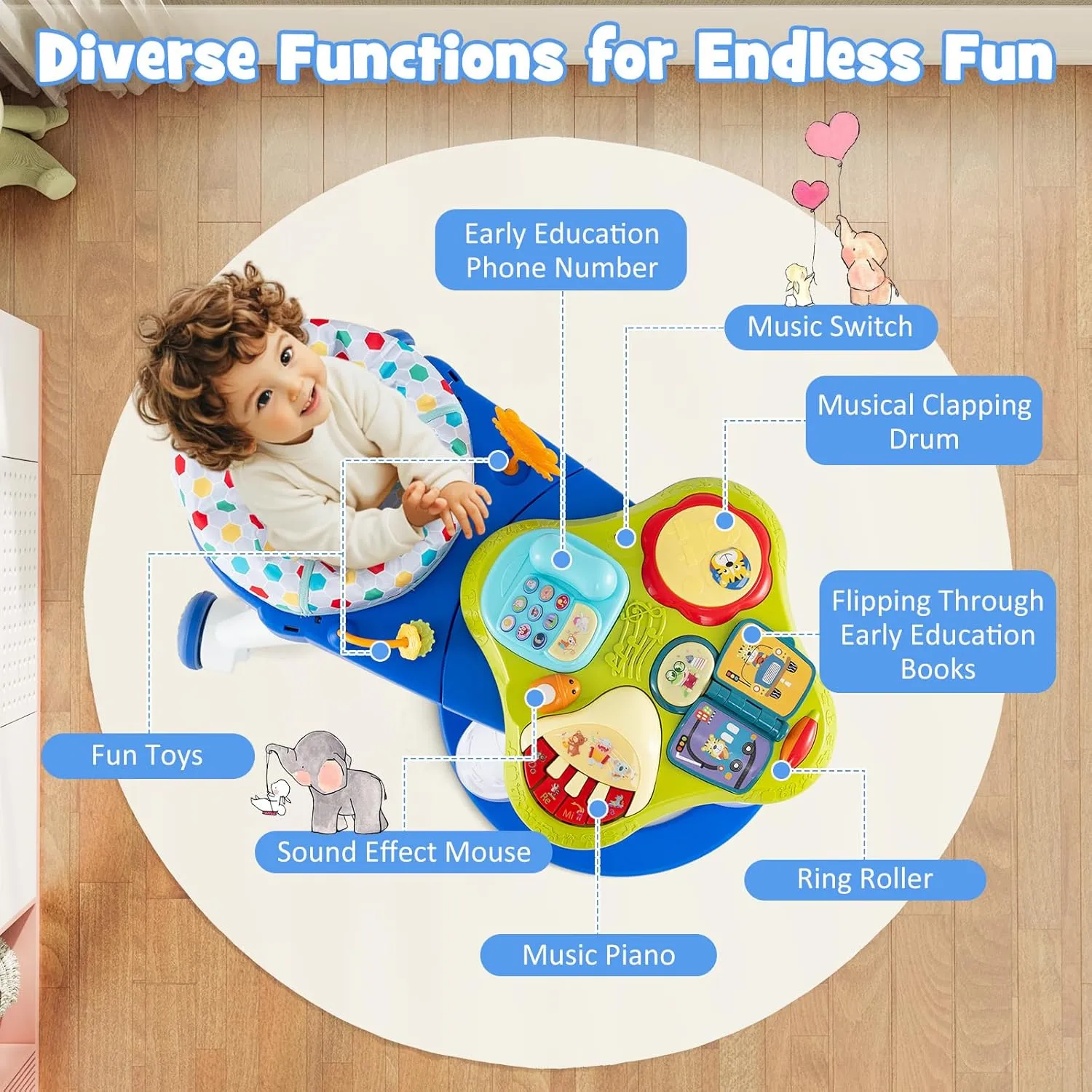 BABY JOY 3 in 1 Walk Around Baby Activity Center, Discovery Play Center with Interactive Toys & Music, Wheels, 3 Adjustable Seat Heights, Toddler Activity Table for Boys Girls 6-36 Months (Blue)