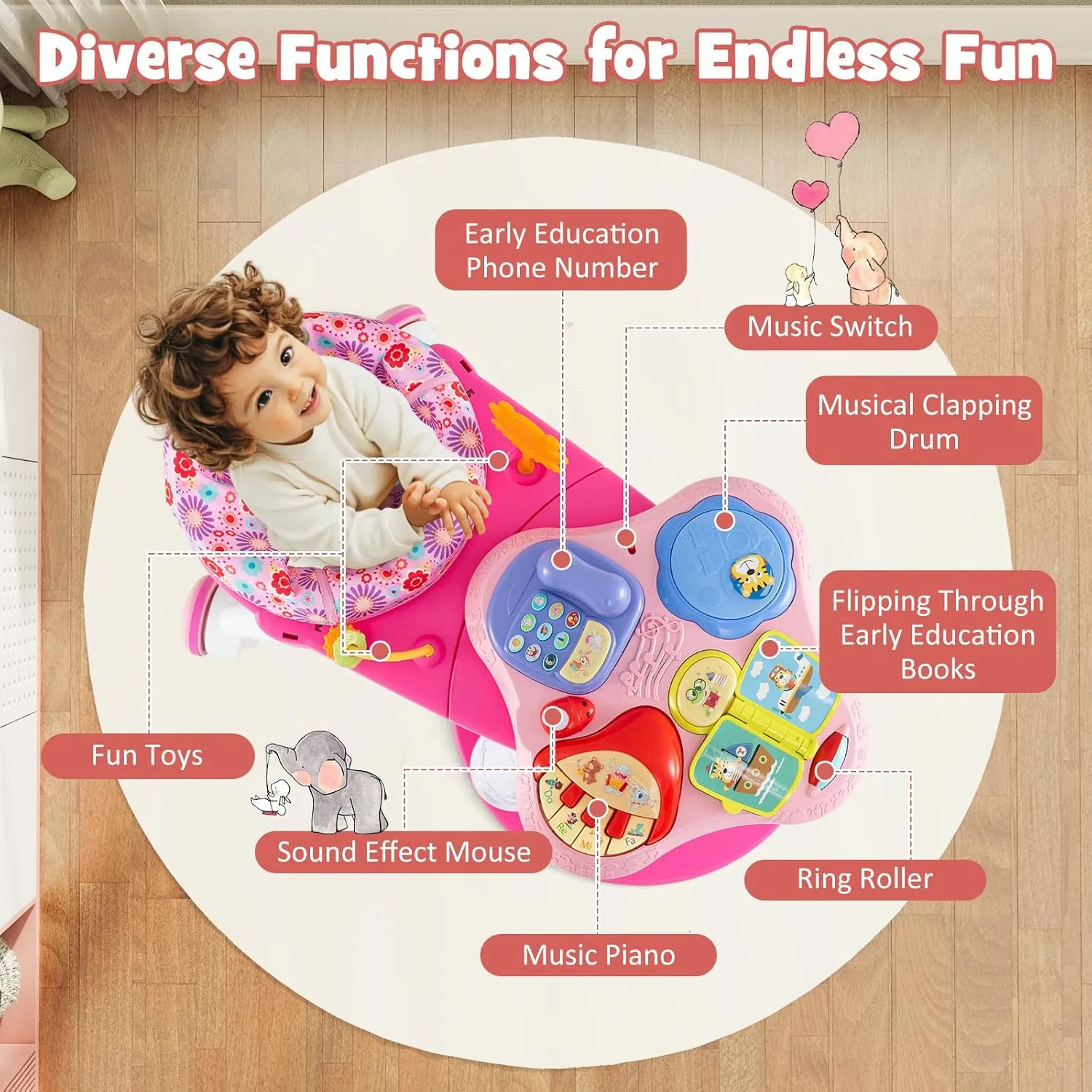 BABY JOY 3 in 1 Walk Around Baby Activity Center, Discovery Play Center with Interactive Toys & Music, Wheels, 3 Adjustable Seat Heights, Toddler Activity Table for Boys Girls 6-36 Months (Pink)