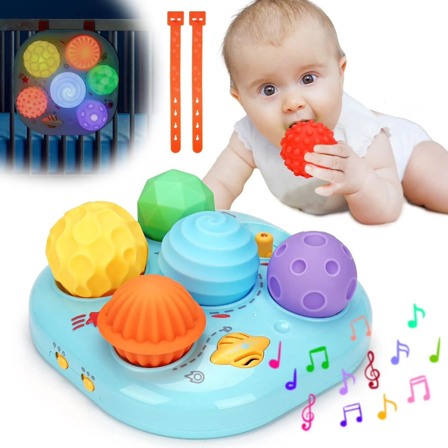 Baby Musical Light Up Toys Baby Ball Sensory Montessori Toys for Babies 6-12 12-18 Months Tactile Sleep Aid Tummy Time Developmental Fine Motor Soother Infant Toddler 1 2 Year Old Boy Girl Gift