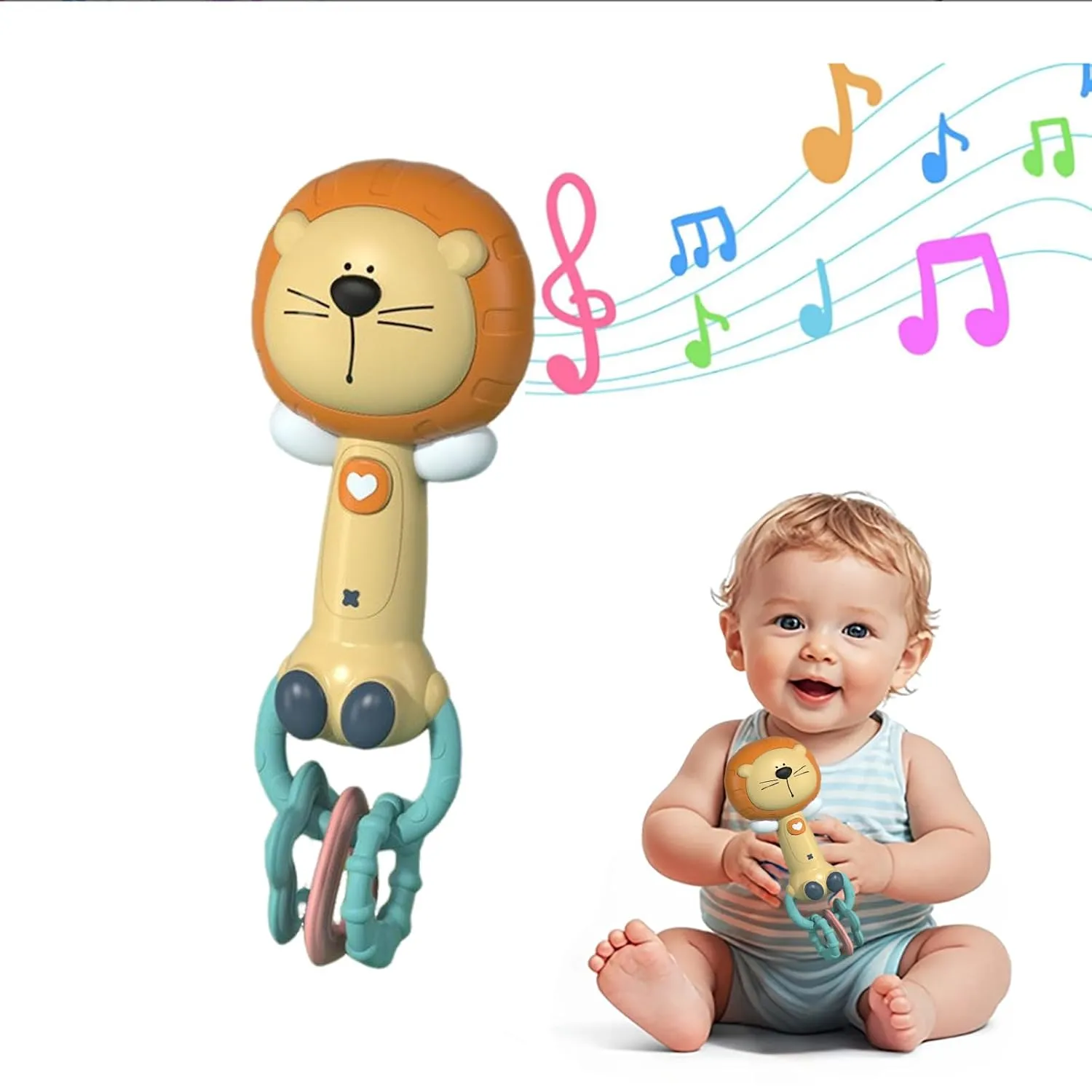 Baby Musical Rattles - Baby Teething Toys with Music and Light, for Toddlers Sensory Chew and Fine Motor Skills Toy Baby Toys for 6 Month  Babies (Lion)