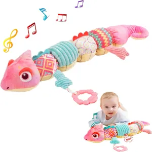 Baby Musical Stuffed Animal Toy Rattles Crinkle and Teether Infant Sensory Toys 0-6 Months, Plush Tummy Time Toys Girl Gift, Dinosaur Pink