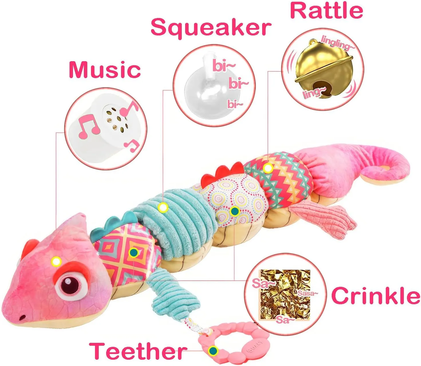 Baby Musical Stuffed Animal Toy Rattles Crinkle and Teether Infant Sensory Toys 0-6 Months, Plush Tummy Time Toys Girl Gift, Dinosaur Pink