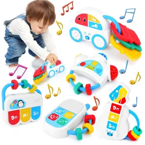 Baby Sensory Toys - 5PCS Baby Rattle Teething Toys Kits with Music, Infant Newborn Montessori Toys for Boys Girls 0-18 Months, Toddler Travel Toys Christmas