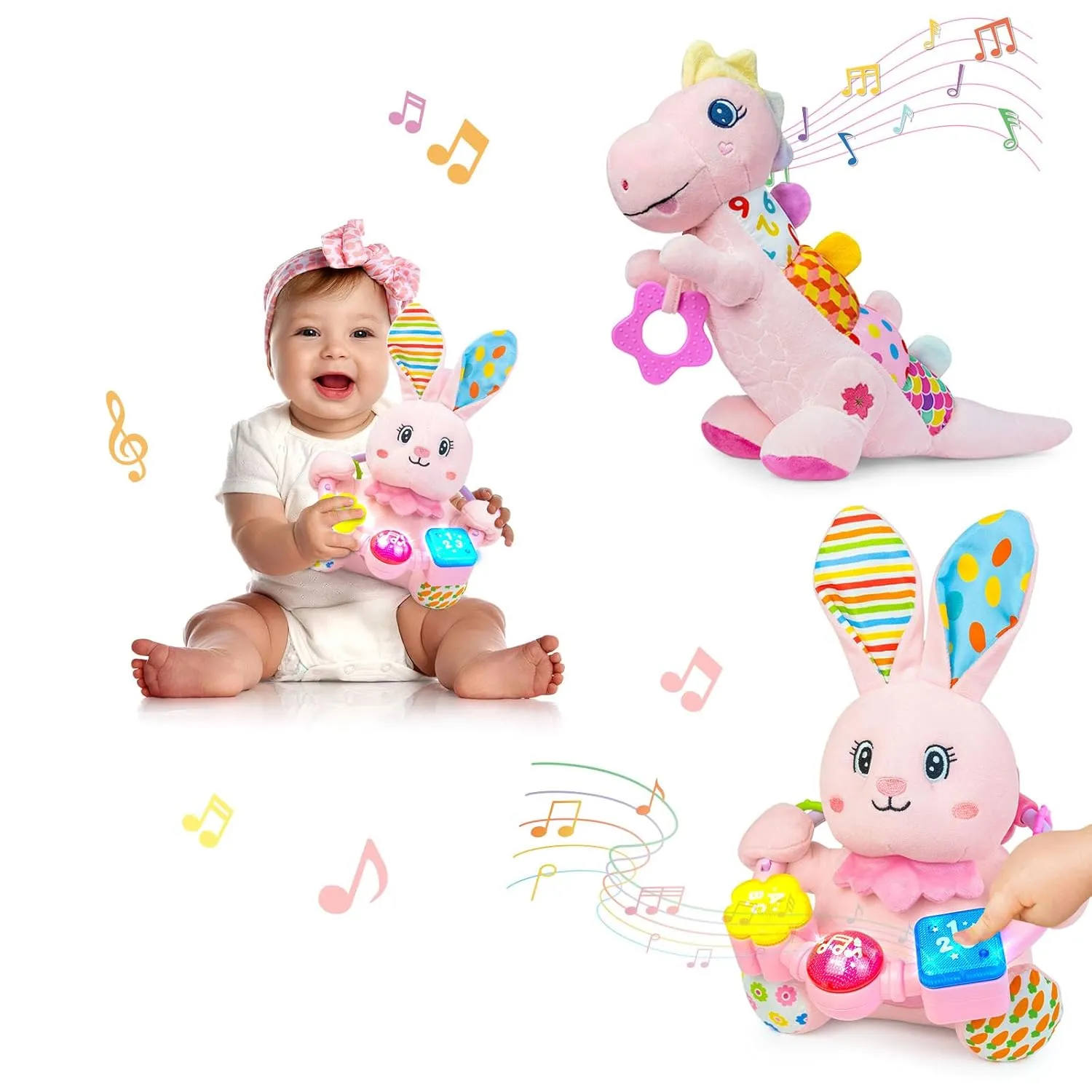Baby Stuffed Animals Toys 0-6-12 Months, Baby Musical Bilingual Early Learning Toys with Light Up & Sound,Tummy Time Toys for 0 3 6 9 12  Months for Newborn Girl
