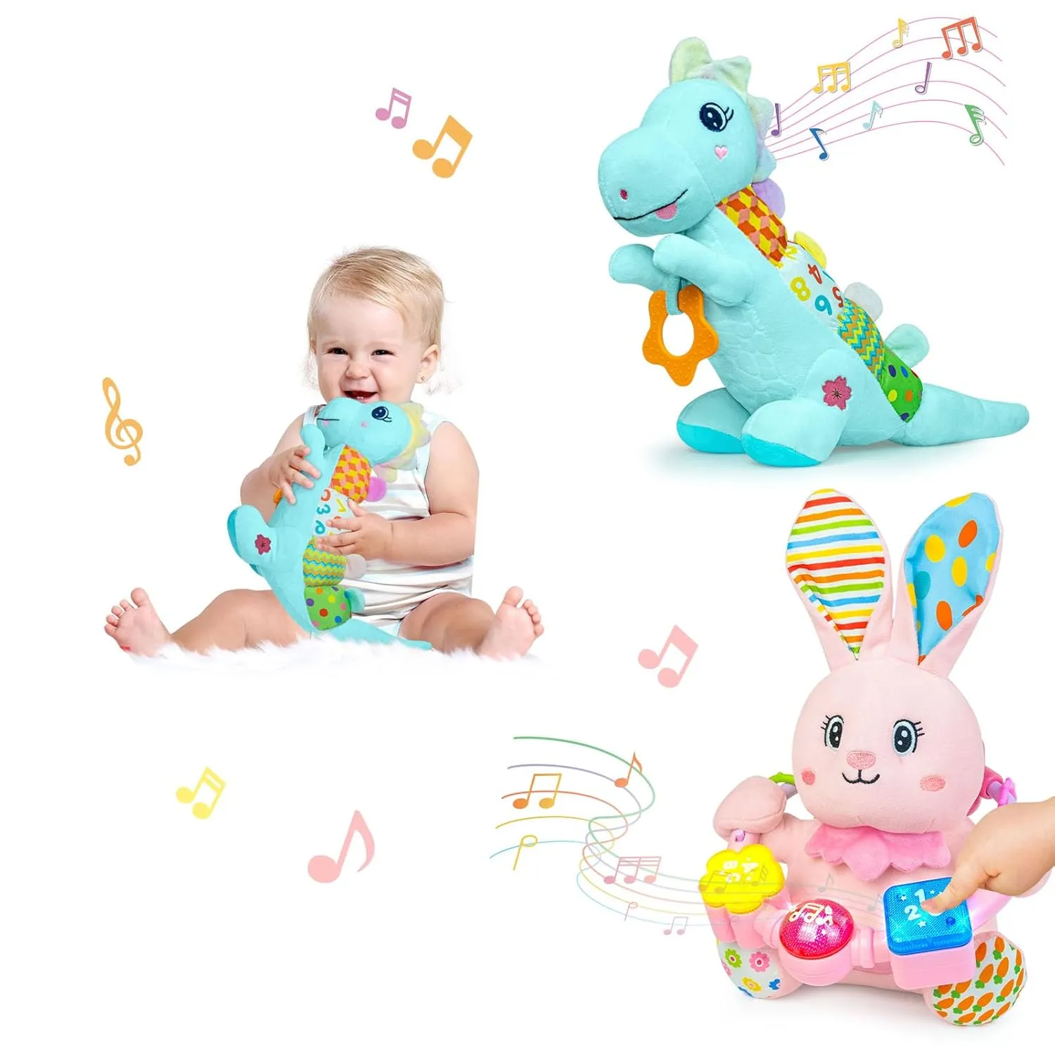 Baby Stuffed Animals Toys 0-6-12 Months, Baby Musical Bilingual Early Learning Toys with Light Up & Sound,Tummy Time Toys for 0 3 6 9 12  Months for Newborn Girl