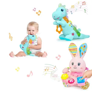 Baby Stuffed Animals Toys 0-6-12 Months, Baby Musical Bilingual Early Learning Toys with Light Up & Sound,Tummy Time Toys for 0 3 6 9 12  Months for Newborn Girl