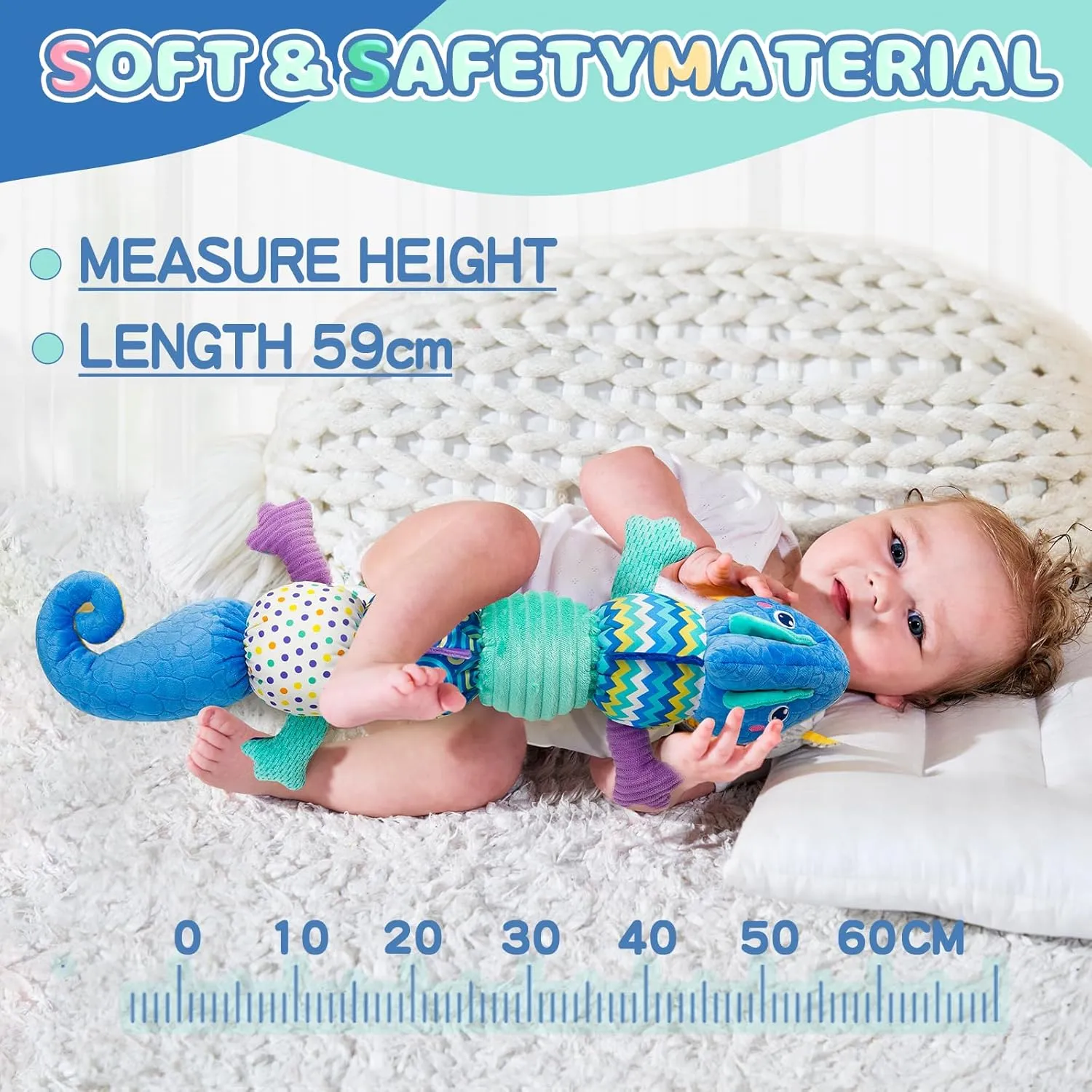 Baby Toys 0-6 Months, Baby Musical Toys - Stuffed Animal Activity Soft Toywith Rattles, Crinkle, Bell;Baby Sensory Teething Toys for Tummy Time Newborn Boys Girls Gift (Blue Chameleon)