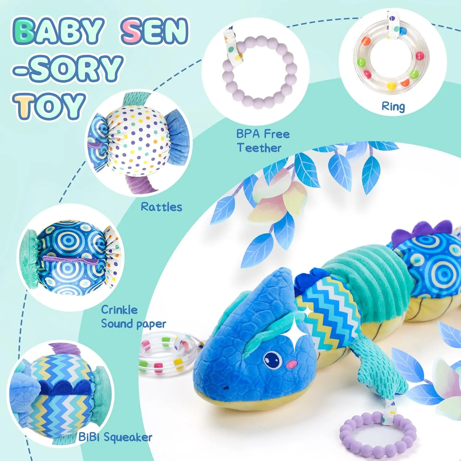 Baby Toys 0-6 Months, Baby Musical Toys - Stuffed Animal Activity Soft Toywith Rattles, Crinkle, Bell;Baby Sensory Teething Toys for Tummy Time Newborn Boys Girls Gift (Blue Chameleon)