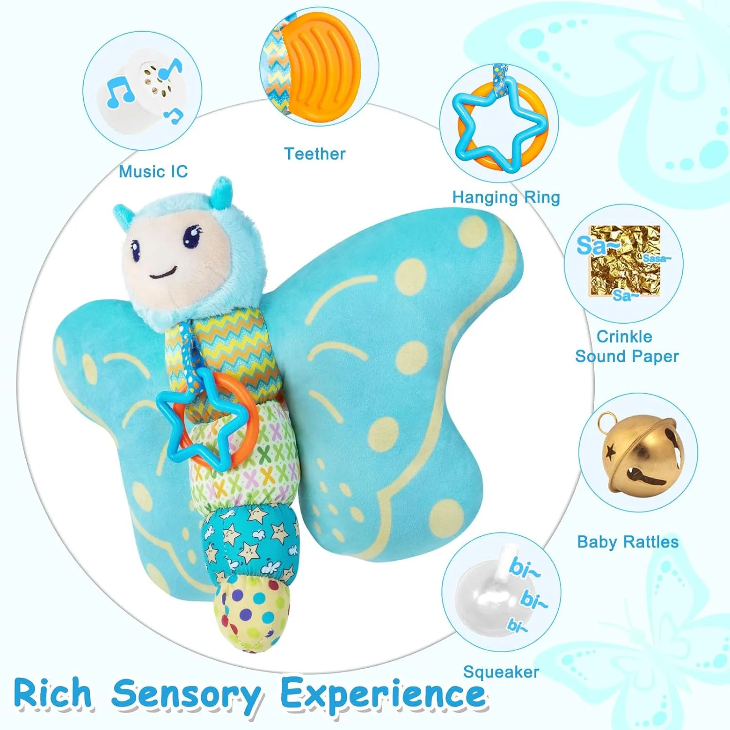 Baby Toys 0-6 Months,Infant Musical Sensory Stuffed Animal with Squeaker,Rattle,Crinkle Wings,Teether & Hanging Ring,Tummy Time Toy for Newborn 0-3-6-12 Months Boys & Girls Gift,Butterfly,Blue