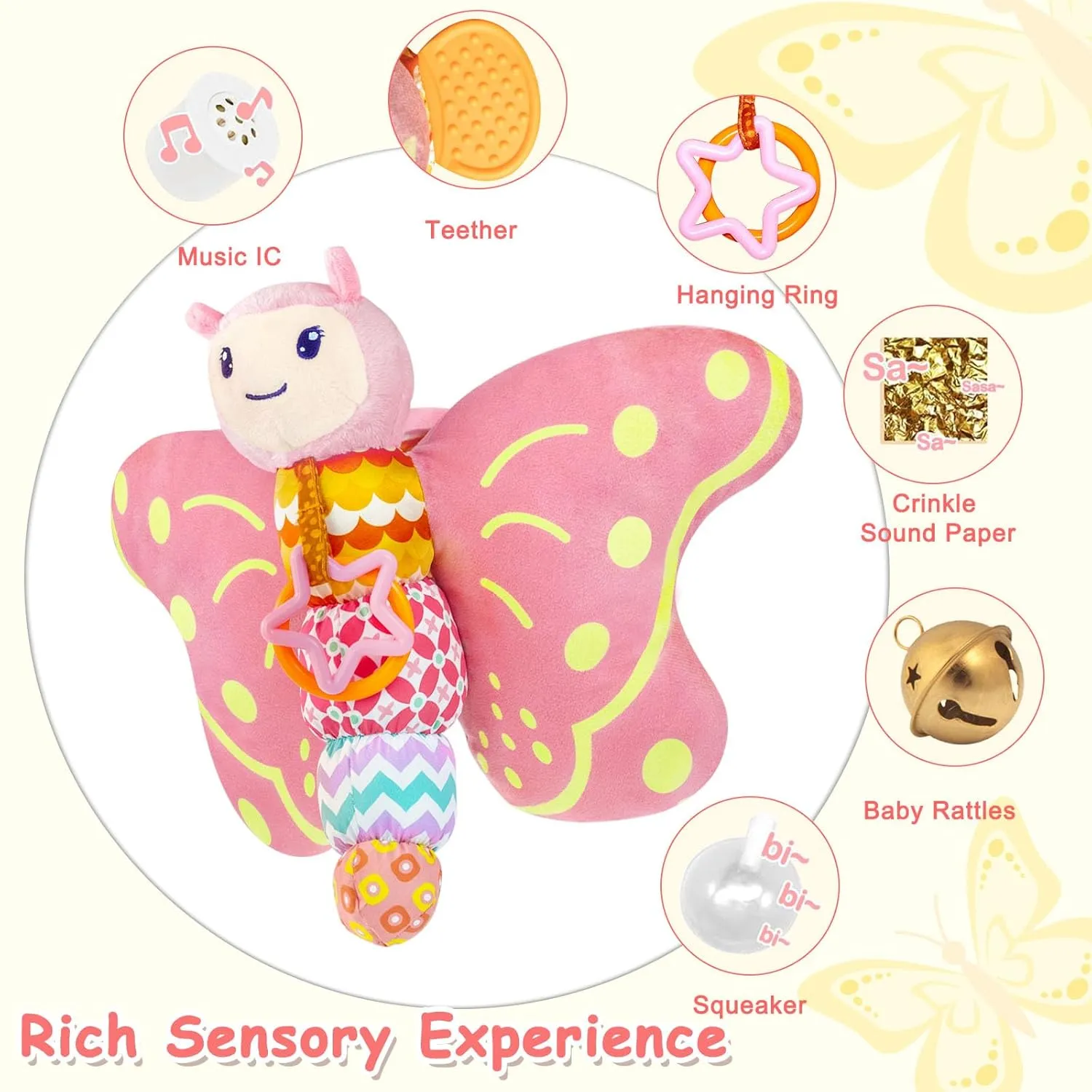 Baby Toys 0-6 Months,Infant Musical Sensory Stuffed Animal with Squeaker,Rattle,Crinkle Wings,Teether & Hanging Ring,Tummy Time Toy for Newborn 0-3-6-12 Months Boys & Girls Gift,Butterfly,Pink
