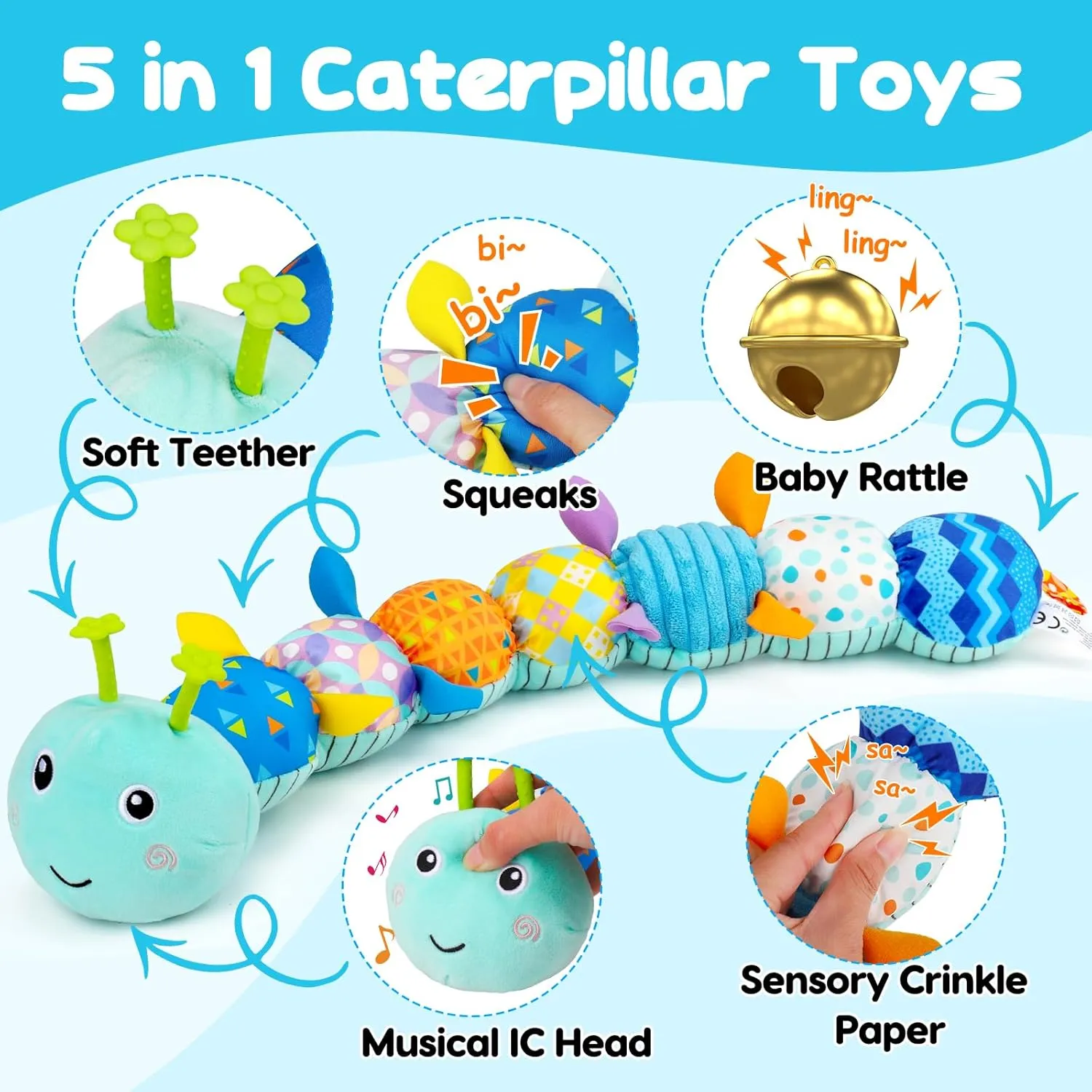 Baby Tummy Time Toys 0-6 Month Musical Stuffed Animal Plush Caterpillar Toy for Infant 6-12 Month Teething Sensory Toy with Crinkle Rattle for Babies 0-3-6 Month Newborn Boy Girl Birthday Gift