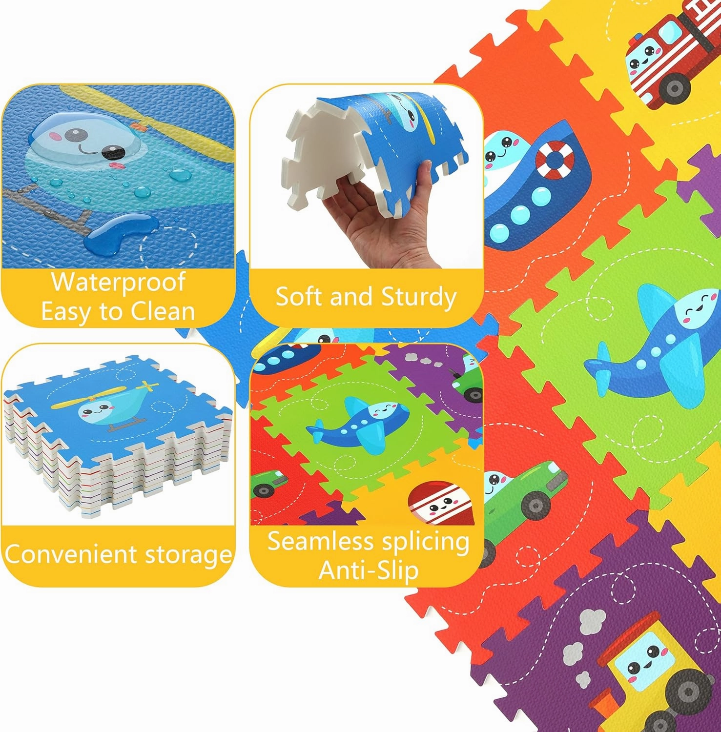 Baby Play Mat, Foam Playmat for Babies, Kids Play Mat, Foam Floor Tiles 34×34 9 Pieces Vehicle Puzzle Mat